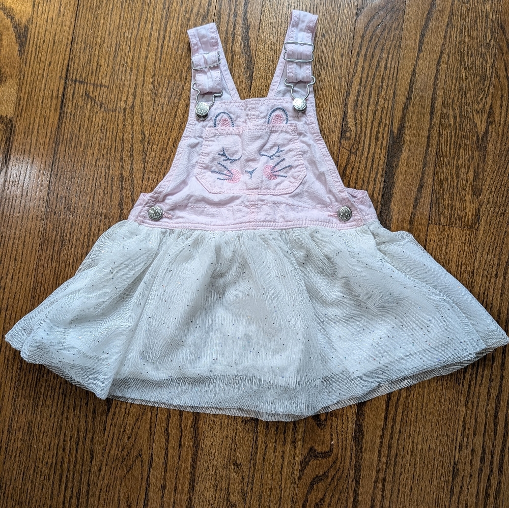 OshKosh Baby Denim Tulle Bunny Jumper Dress Overalls Pink w White Glitter Tulle